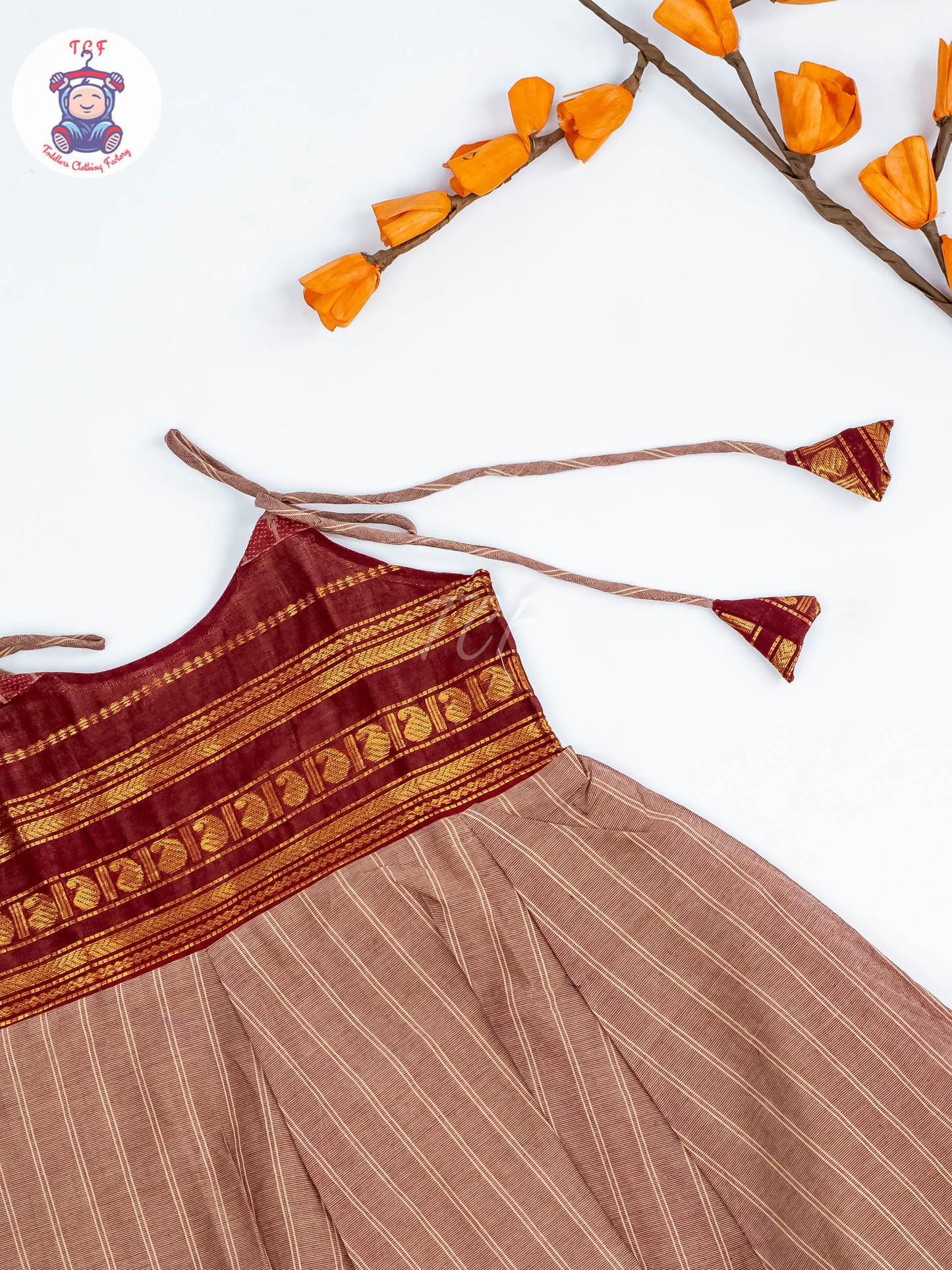 Coffee Brown & Maroon - Girls Chettinad Cotton Knot Frock