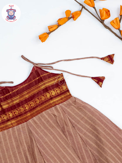 Coffee Brown & Maroon - Girls Chettinad Cotton Knot Frock