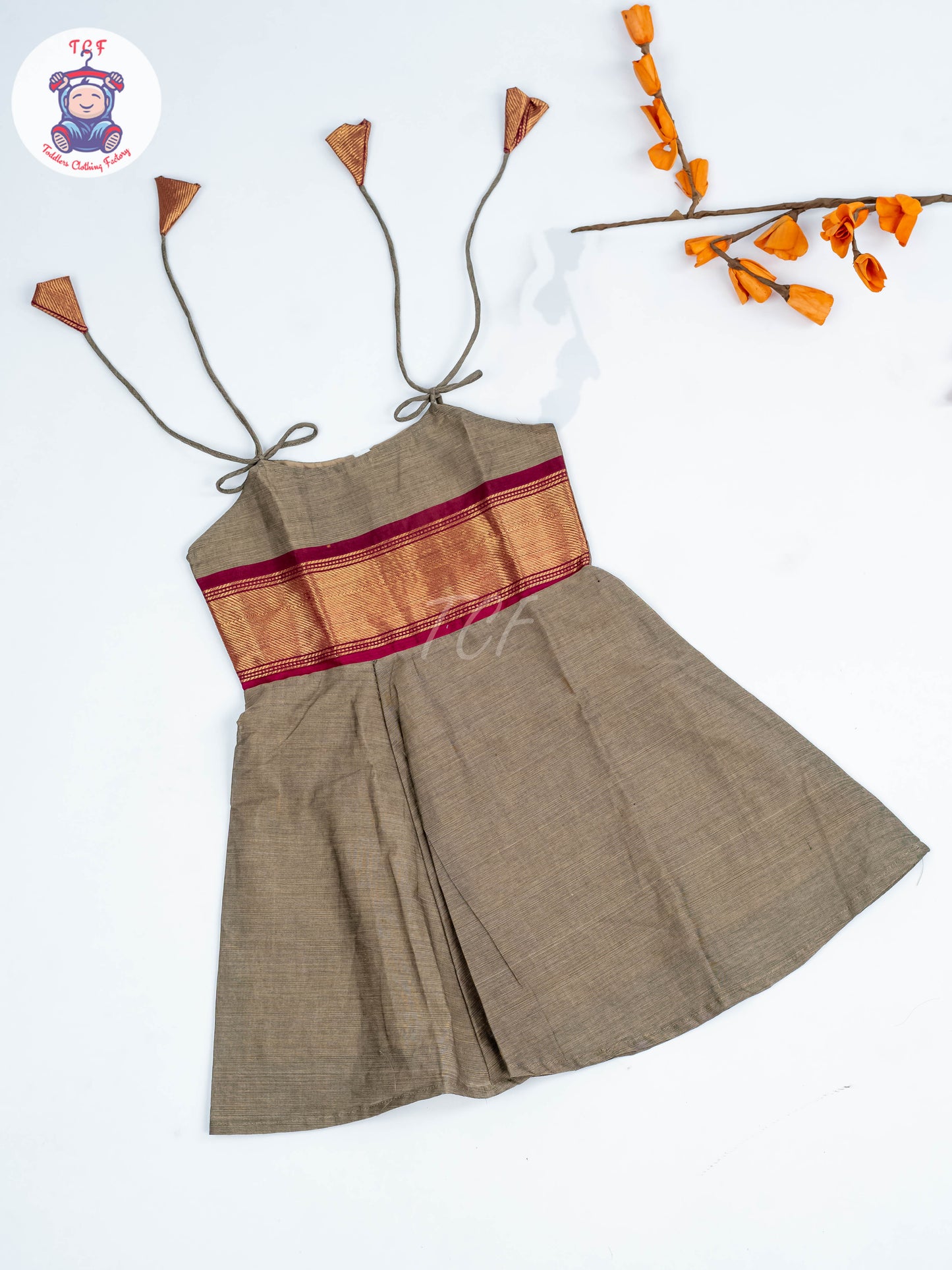 Coffee Brown & Maroon - Girls Chettinad Cotton Knot Frock