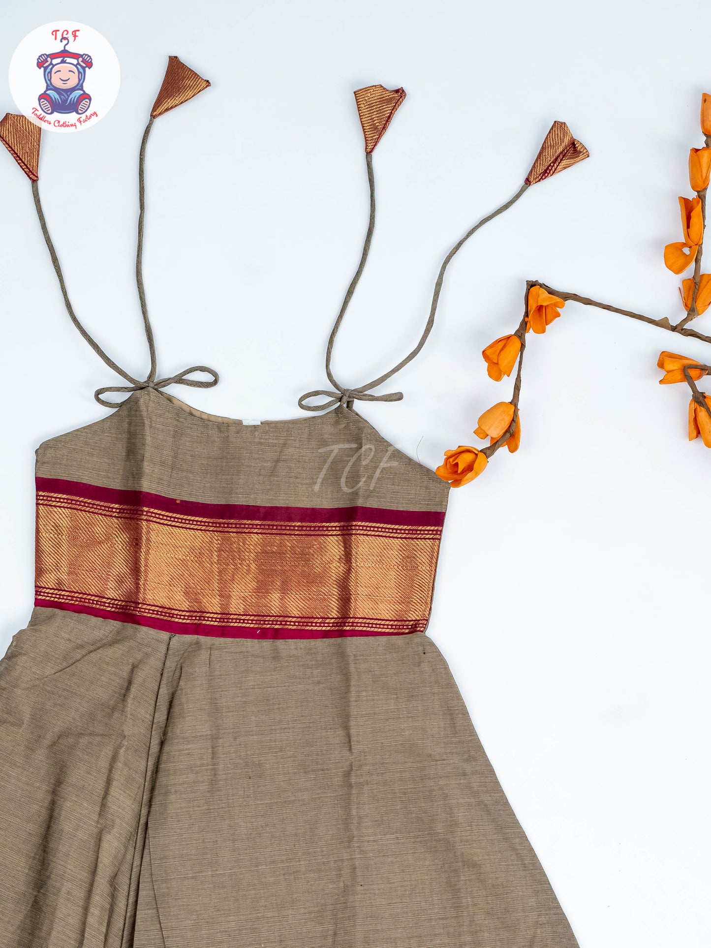 Coffee Brown & Maroon - Girls Chettinad Cotton Knot Frock