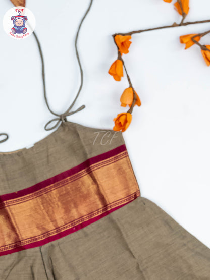 Coffee Brown & Maroon - Girls Chettinad Cotton Knot Frock