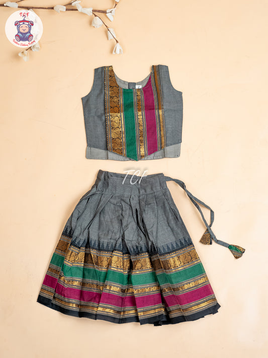Grey  & Pink - Girls Chettinad Cotton Pavadai Sattai