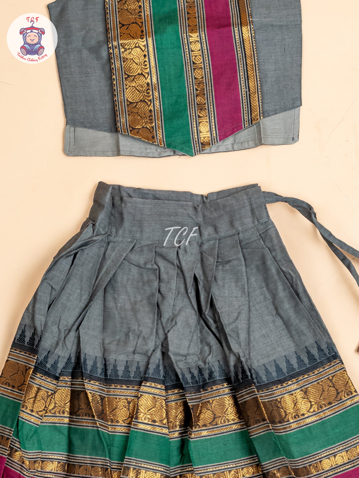 Grey  & Pink - Girls Chettinad Cotton Pavadai Sattai