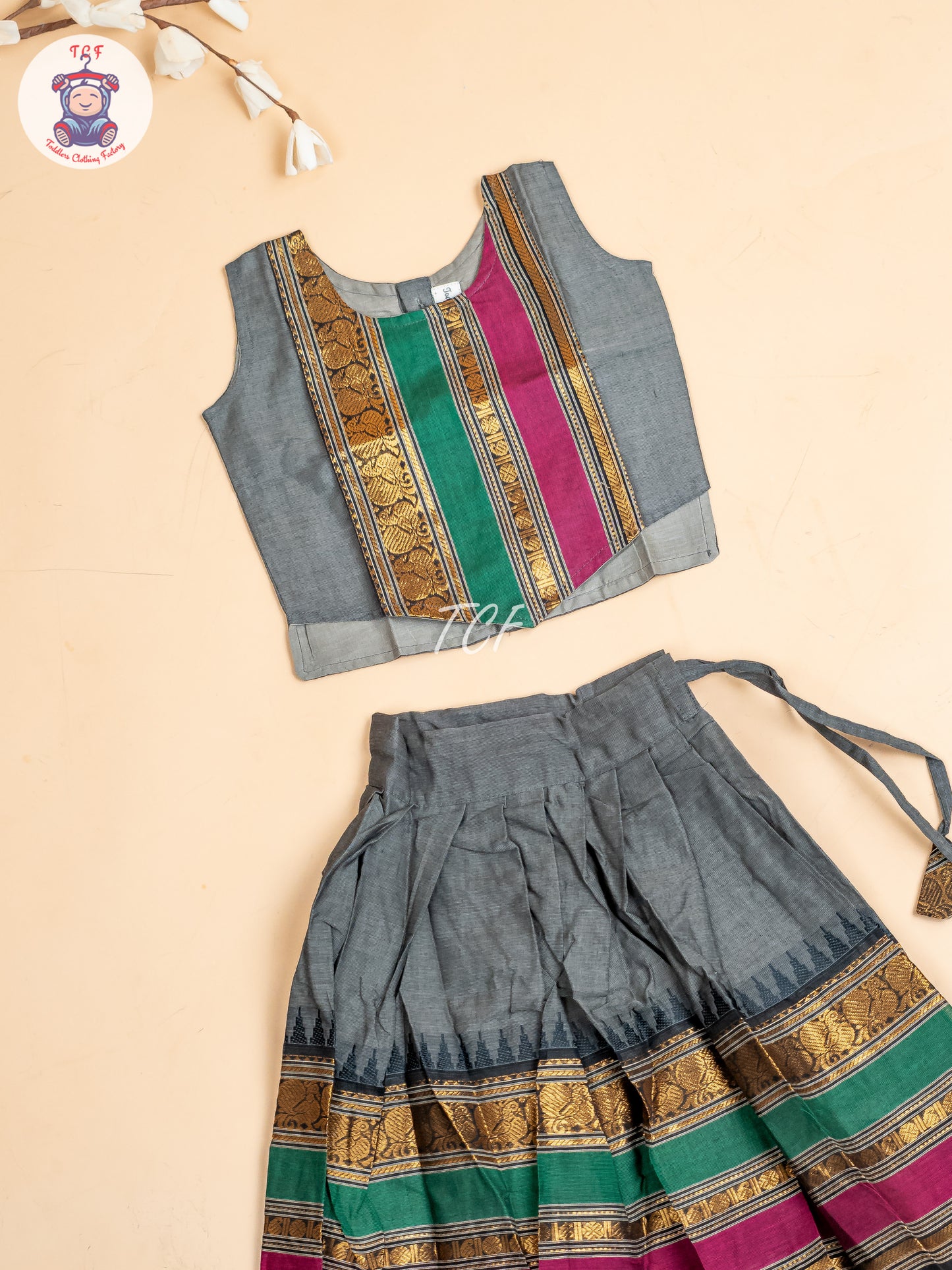 Grey  & Pink - Girls Chettinad Cotton Pavadai Sattai