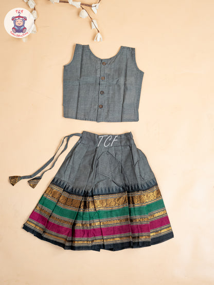 Grey  & Pink - Girls Chettinad Cotton Pavadai Sattai