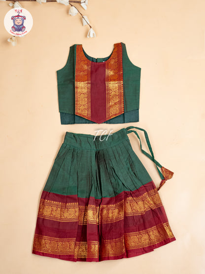 Dark Green & Maroon- Girls Chettinad Cotton Pavadai Sattai