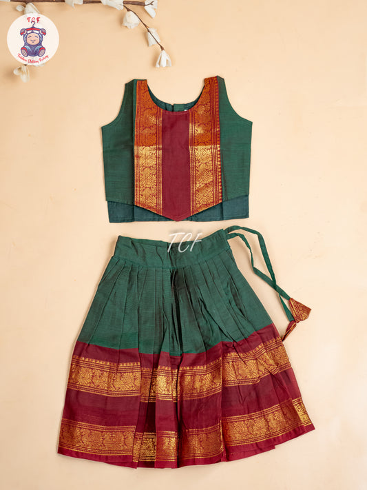 Dark Green & Maroon- Girls Chettinad Cotton Pavadai Sattai