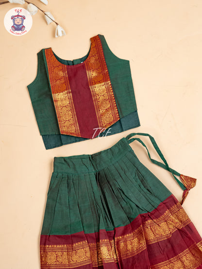 Dark Green & Maroon- Girls Chettinad Cotton Pavadai Sattai