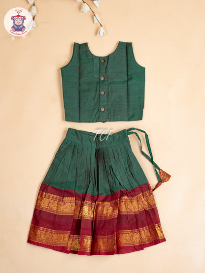 Dark Green & Maroon- Girls Chettinad Cotton Pavadai Sattai