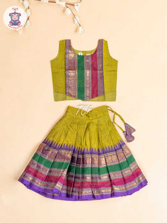 Light Green & Pink- Girls Chettinad Cotton  Pavadai Sattai