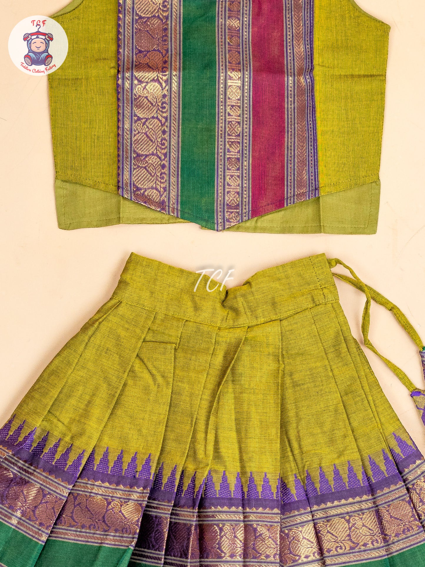 Light Green & Pink- Girls Chettinad Cotton  Pavadai Sattai