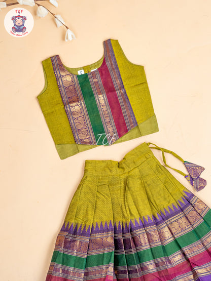 Light Green & Pink- Girls Chettinad Cotton  Pavadai Sattai