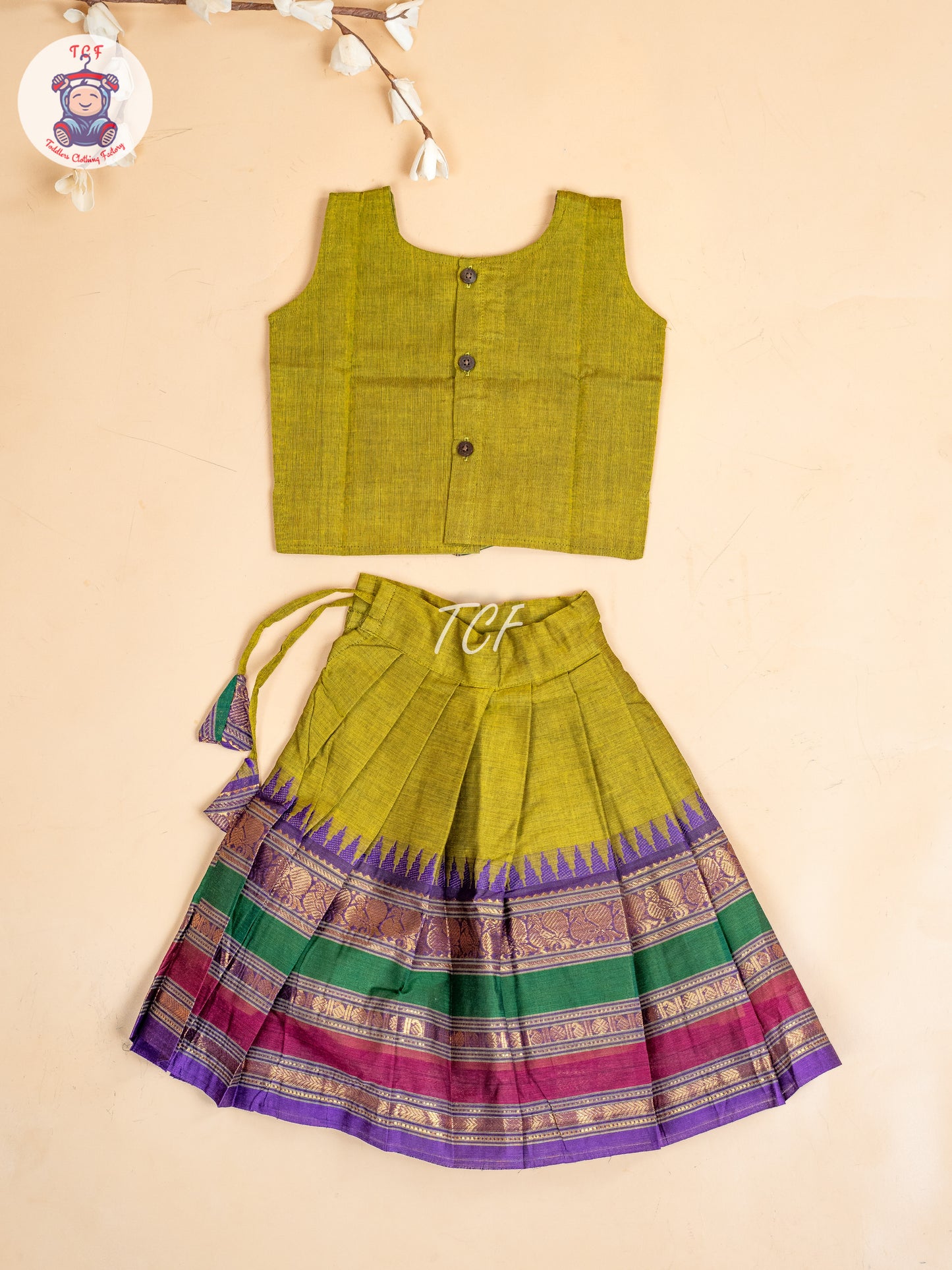 Light Green & Pink- Girls Chettinad Cotton  Pavadai Sattai