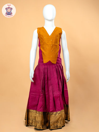 Yellow & Pink - Girls Chettinad Cotton Pavadai Sattai