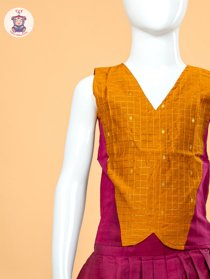Yellow & Pink - Girls Chettinad Cotton Pavadai Sattai