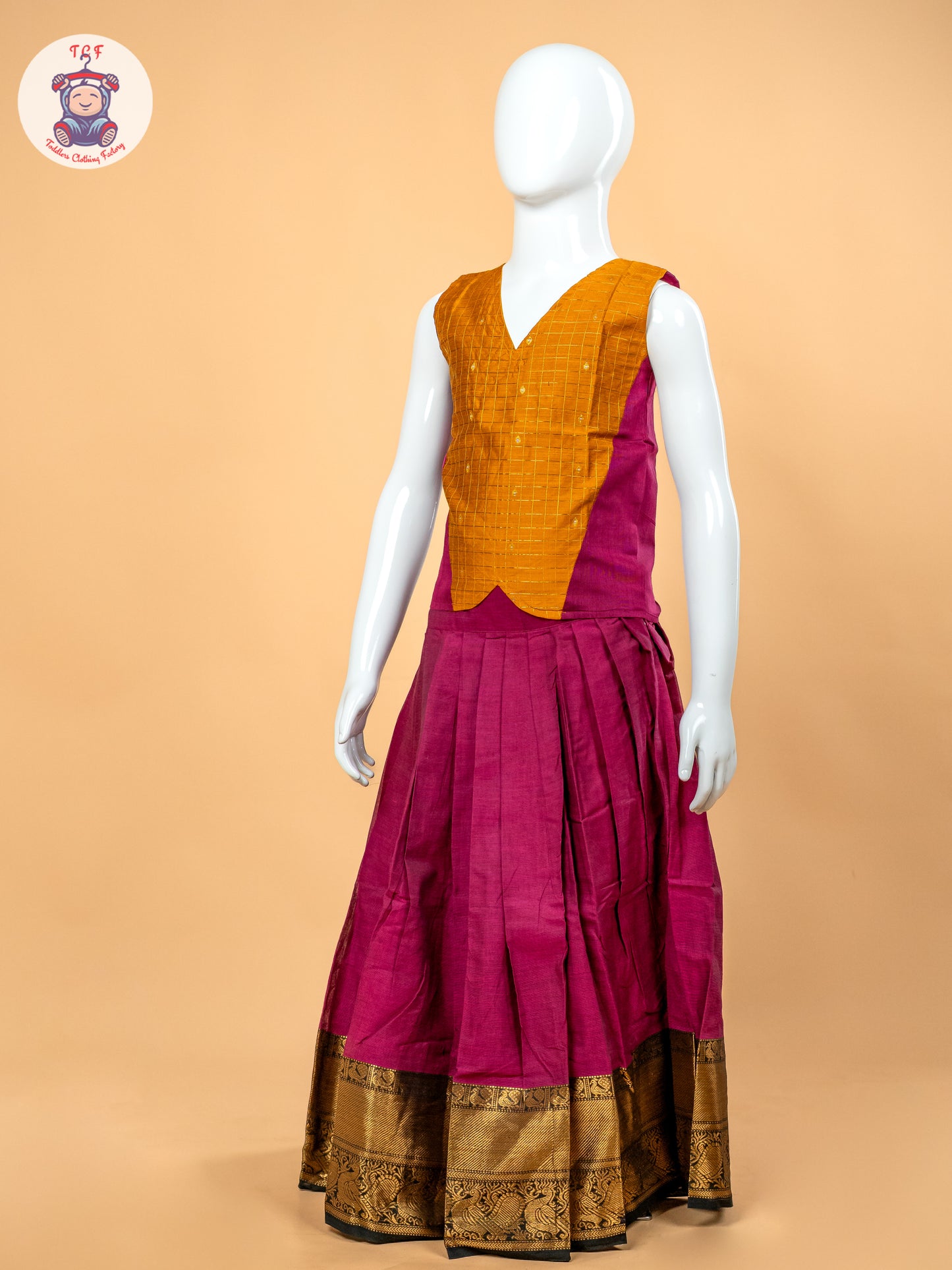 Yellow & Pink - Girls Chettinad Cotton Pavadai Sattai