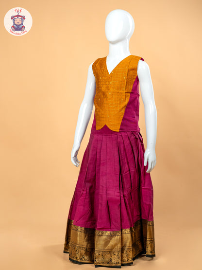Yellow & Pink - Girls Chettinad Cotton Pavadai Sattai