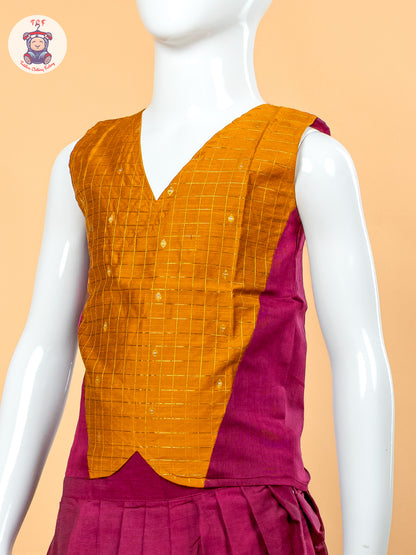Yellow & Pink - Girls Chettinad Cotton Pavadai Sattai