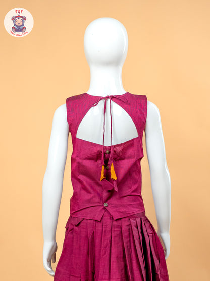 Yellow & Pink - Girls Chettinad Cotton Pavadai Sattai