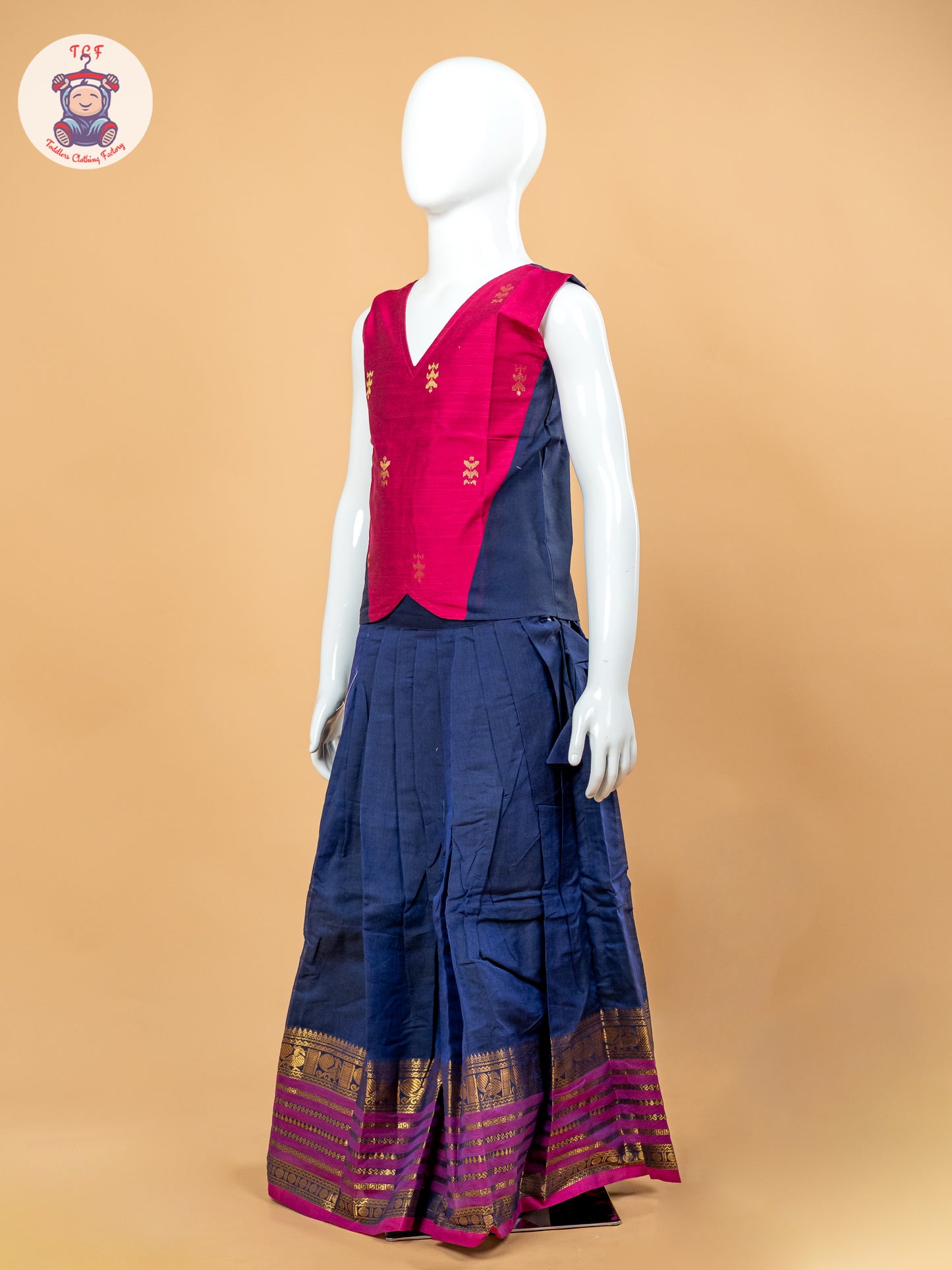 Magenta Pink & Navy Blue Girls Chettinad Cotton Pavadai Sattai