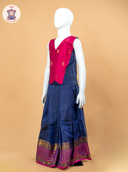Magenta Pink & Navy Blue Girls Chettinad Cotton Pavadai Sattai