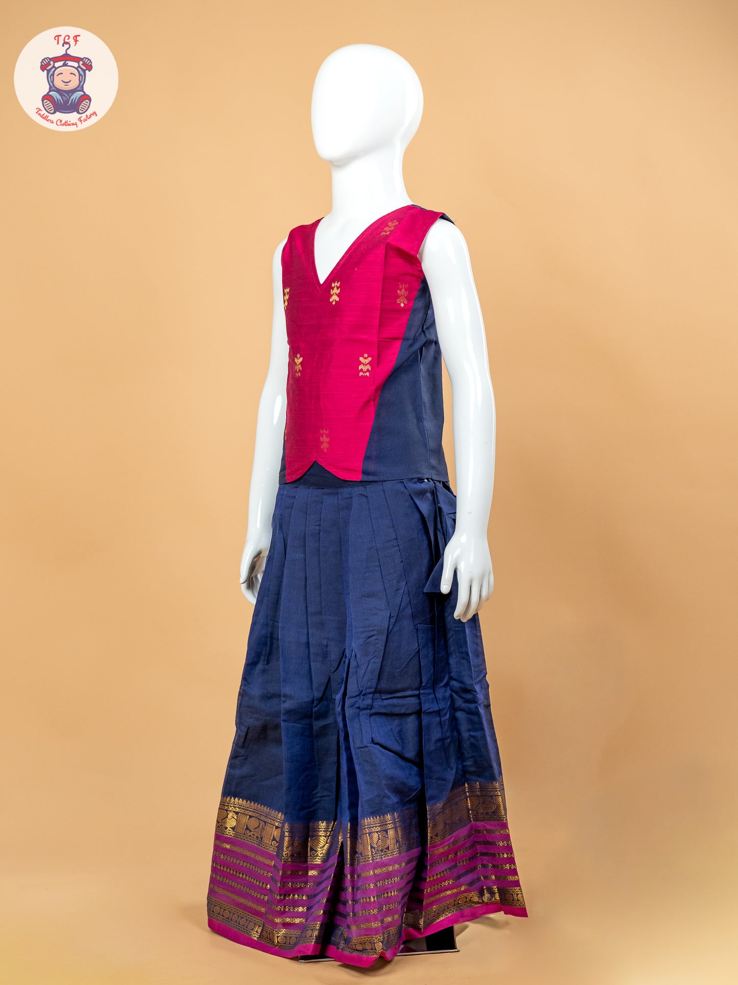 Magenta Pink & Navy Blue Girls Chettinad Cotton Pavadai Sattai