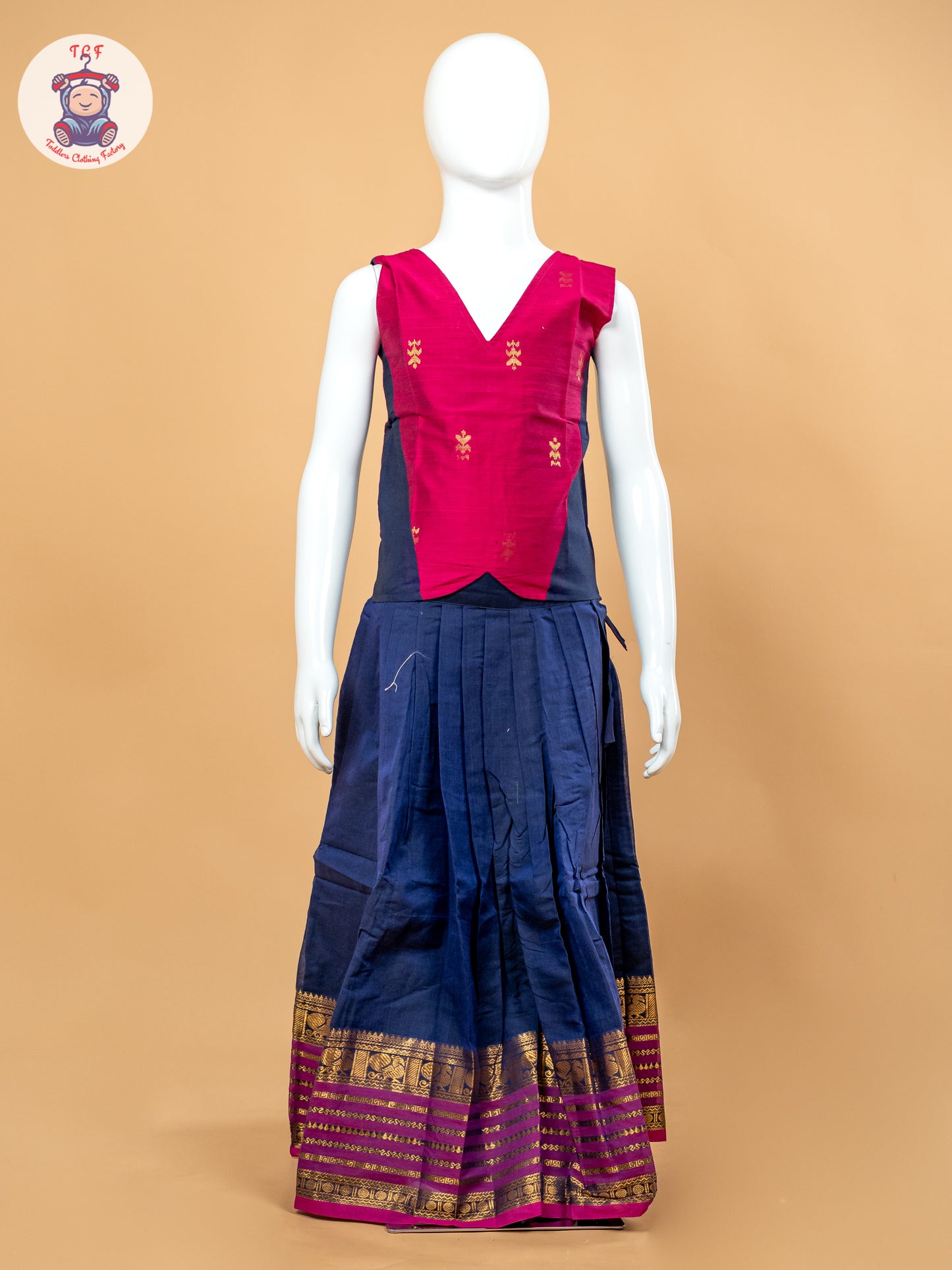 Magenta Pink & Navy Blue Girls Chettinad Cotton Pavadai Sattai
