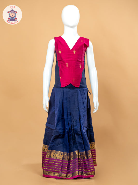 Magenta Pink & Navy Blue Girls Chettinad Cotton Pavadai Sattai