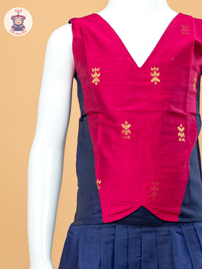 Magenta Pink & Navy Blue Girls Chettinad Cotton Pavadai Sattai