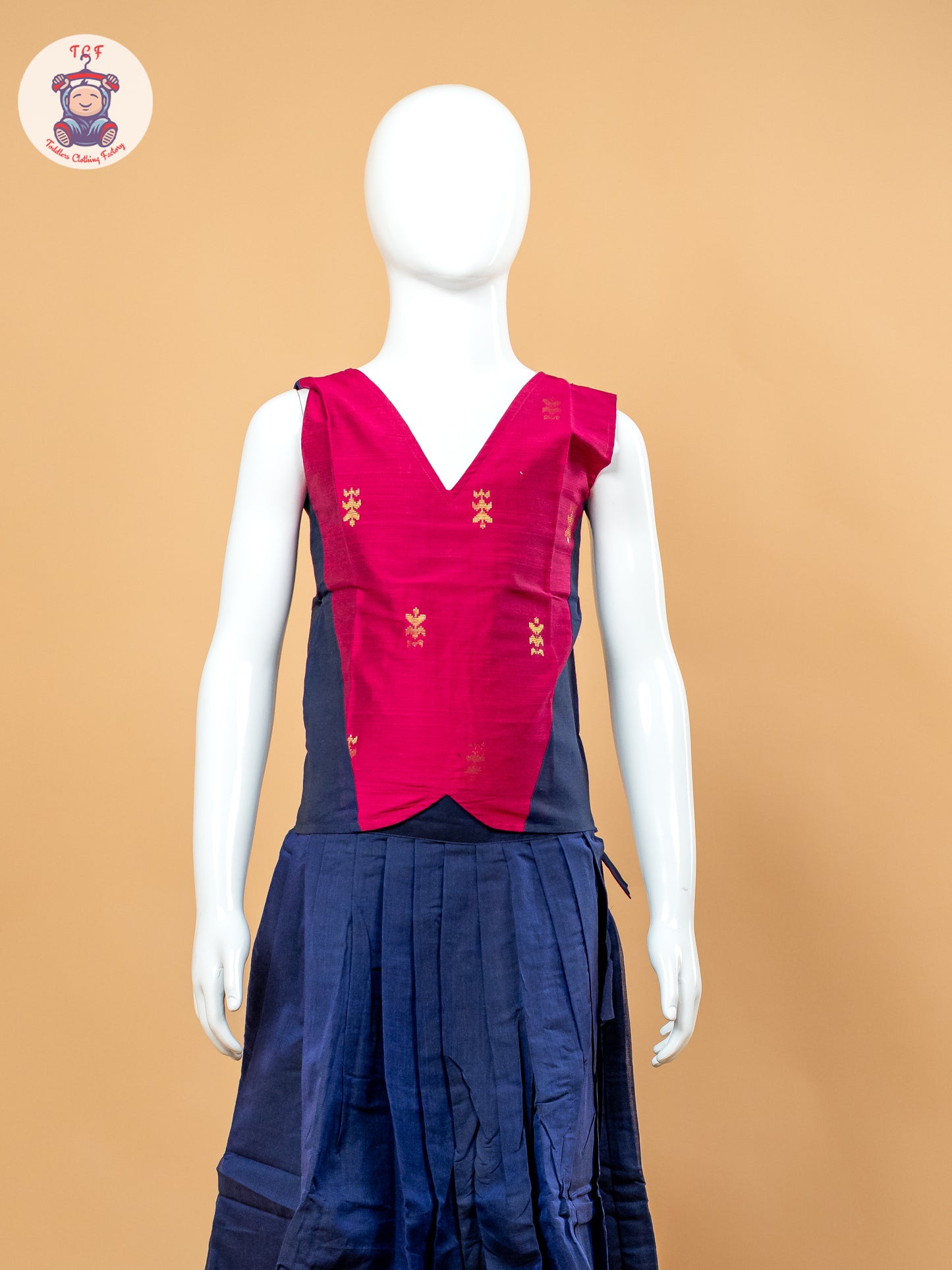 Magenta Pink & Navy Blue Girls Chettinad Cotton Pavadai Sattai