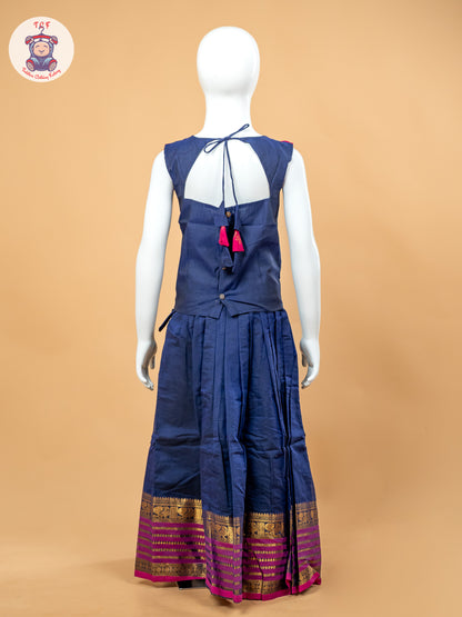 Magenta Pink & Navy Blue Girls Chettinad Cotton Pavadai Sattai