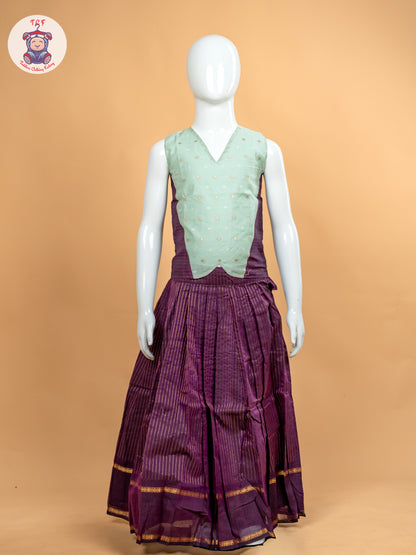 Pastal Green & Wine Girls Chettinad Cotton Pavadai Sattai