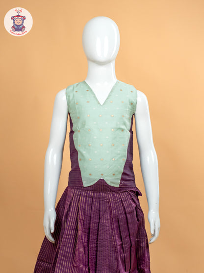 Pastal Green & Wine Girls Chettinad Cotton Pavadai Sattai