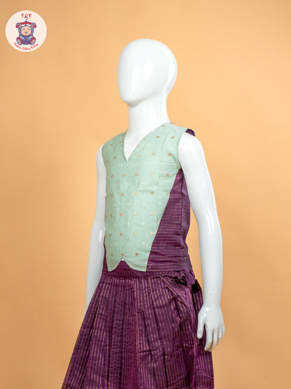 Pastal Green & Wine Girls Chettinad Cotton Pavadai Sattai