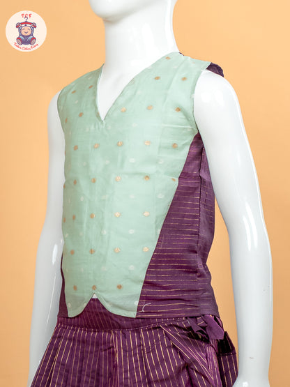 Pastal Green & Wine Girls Chettinad Cotton Pavadai Sattai