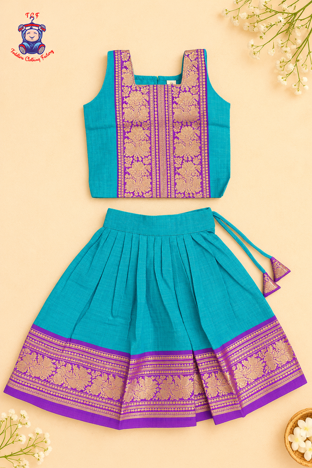 Sky Blue & Purple Border With Gold Zari - Girls Chettinad Pavadai Sattai
