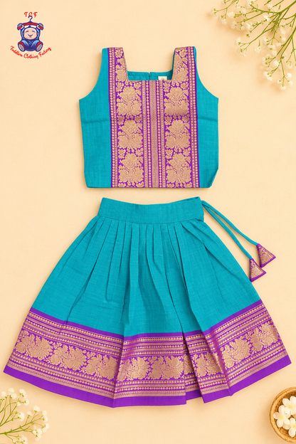 Sky Blue & Purple Border With Gold Zari - Girls Chettinad Pavadai Sattai
