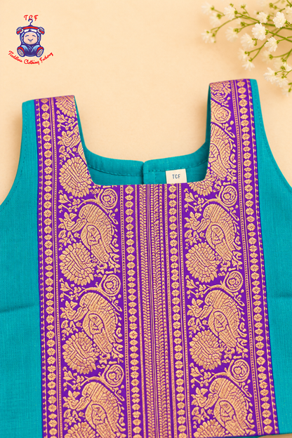 Sky Blue & Purple Border With Gold Zari - Girls Chettinad Pavadai Sattai