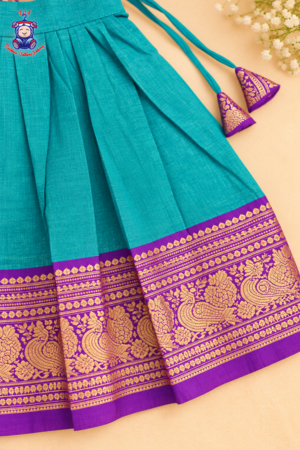 Sky Blue & Purple Border With Gold Zari - Girls Chettinad Pavadai Sattai