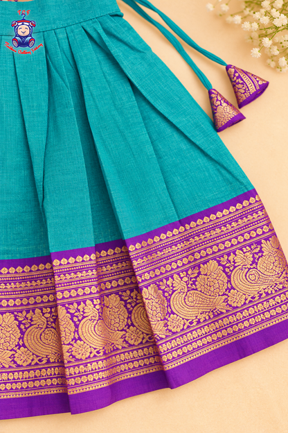 Sky Blue & Purple Border With Gold Zari - Girls Chettinad Pavadai Sattai
