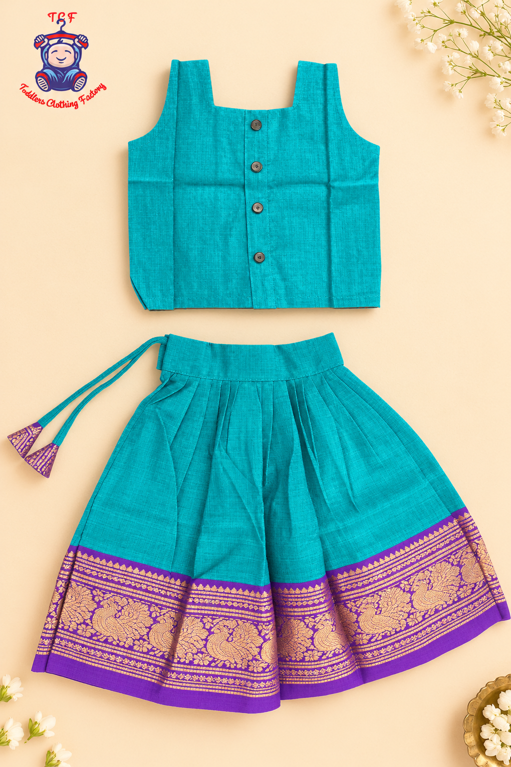 Sky Blue & Purple Border With Gold Zari - Girls Chettinad Pavadai Sattai