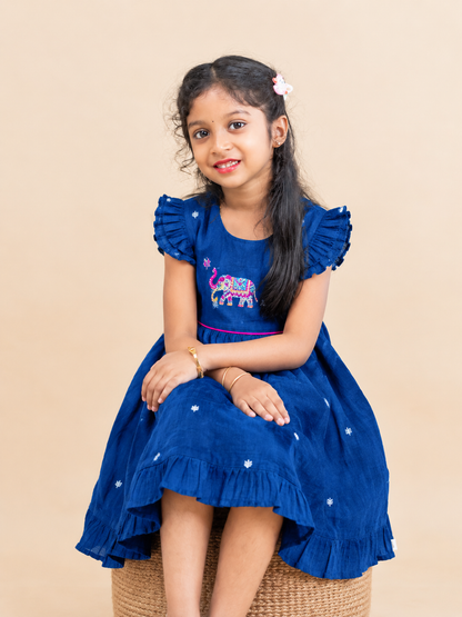 Navy Blue - Girls Embrodiery Chanderi cotton Frocks