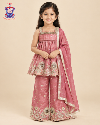 Onion Pink - Embroidered Plazzo Set with Dupatta