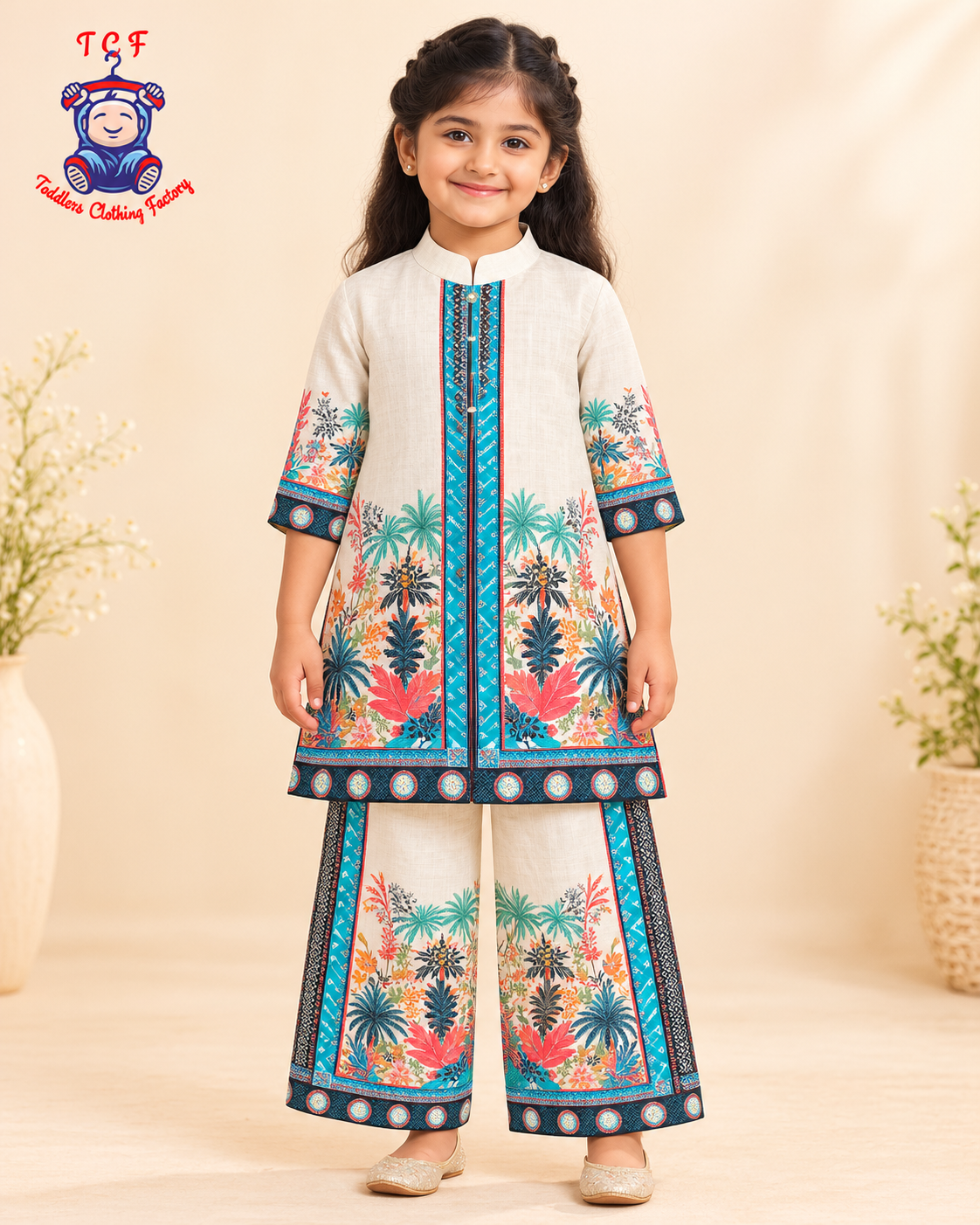 Azure Bloom Printed Kurta Palazzo Set for Girls