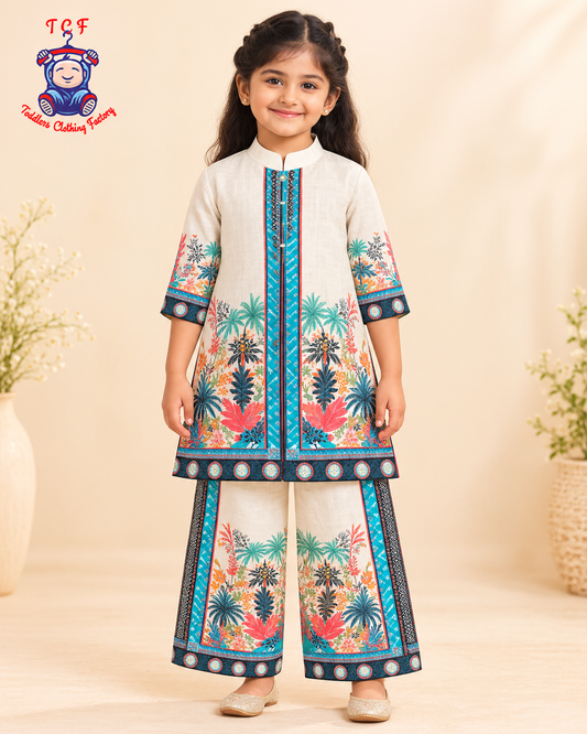 Azure Bloom Printed Kurta Palazzo Set for Girls