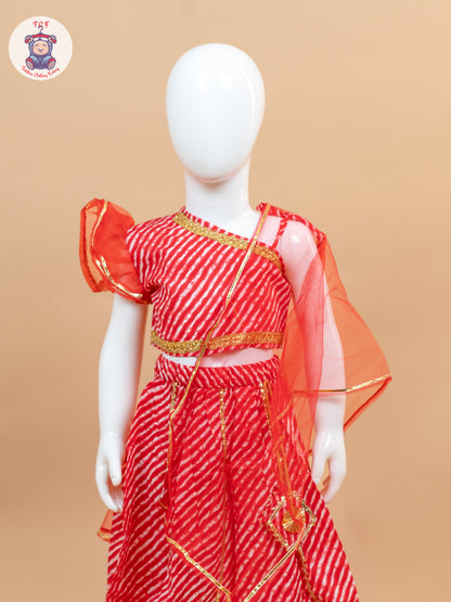 Red - One Shoulder Lehenga Choli With Net Dupatta