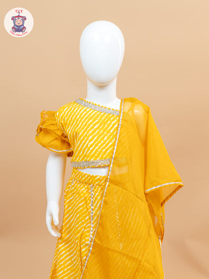 Mustard- One Shoulder Lehenga Choli With Net Dupatta