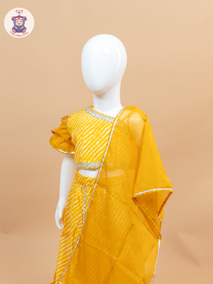 Mustard- One Shoulder Lehenga Choli With Net Dupatta