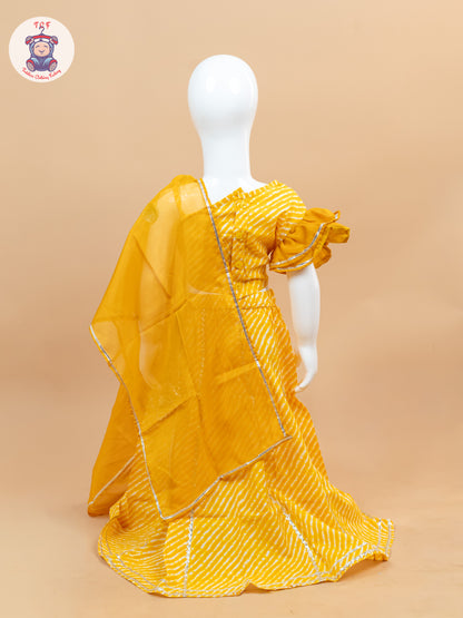Mustard- One Shoulder Lehenga Choli With Net Dupatta