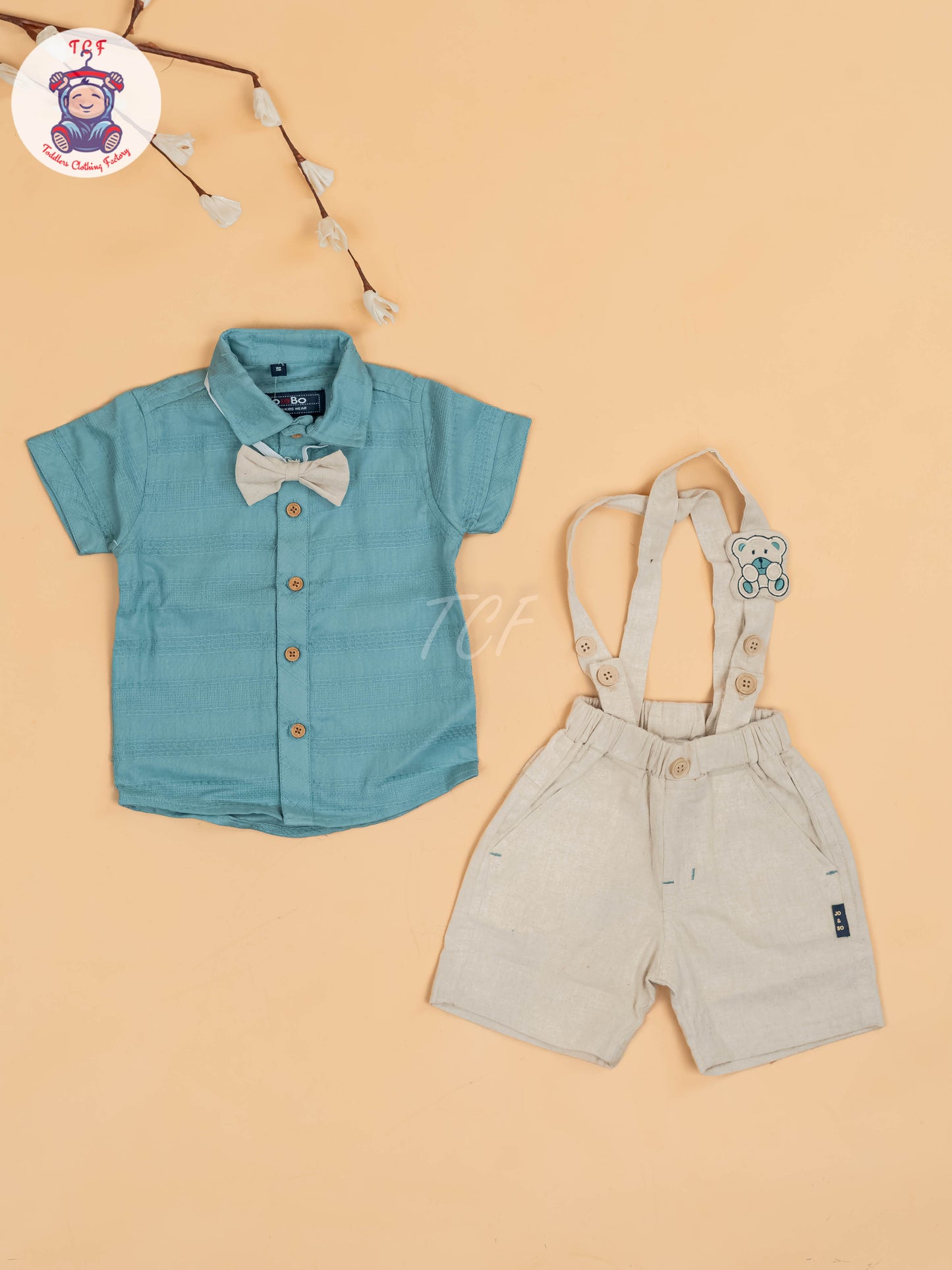 Light Green & Beige - Half Sleeves Shirts & Shorts Set With Suspender & Bow